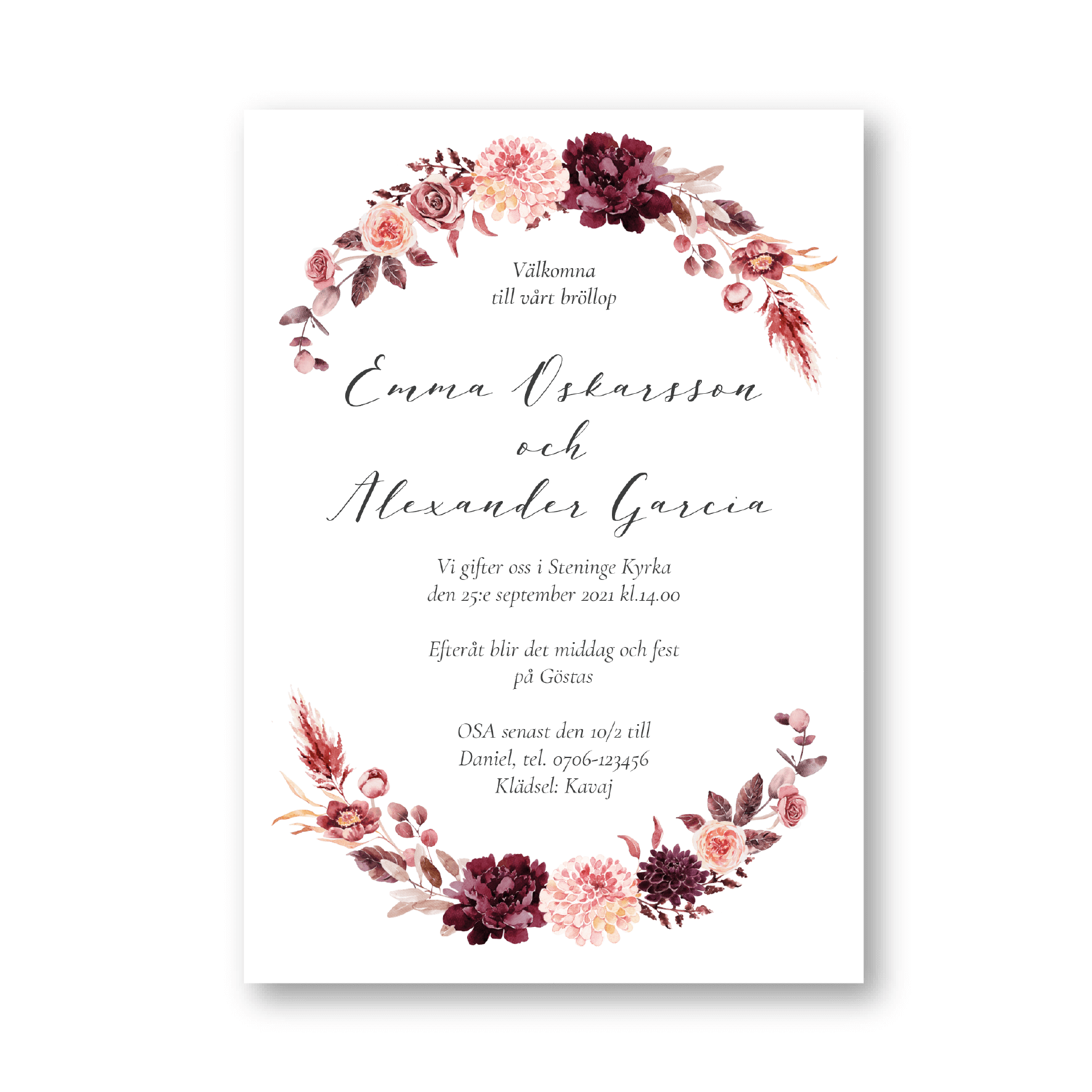 bröllopsinbjudan dahlia rosor i burgundy och rosa